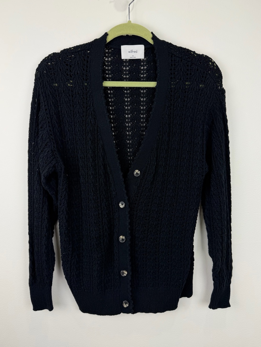 Aritzia Wilfred Black Pointelle Open Knit Button Front Cardigan XS